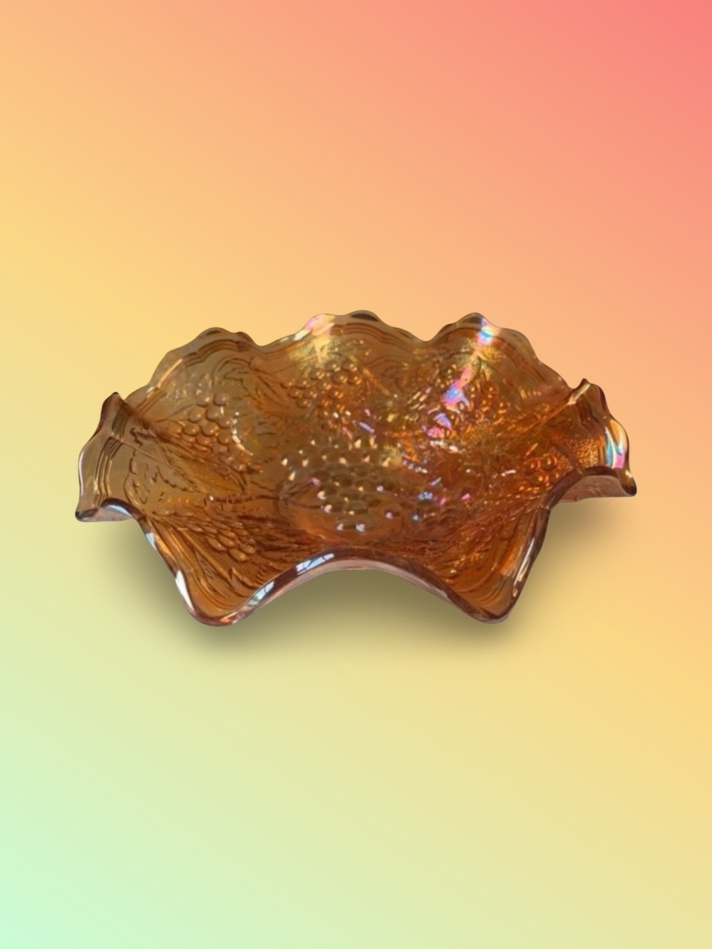 Vintage 1960’s 9 inch Marigold Imperial Glass Grape and Cable Ruffled Edge Bowl